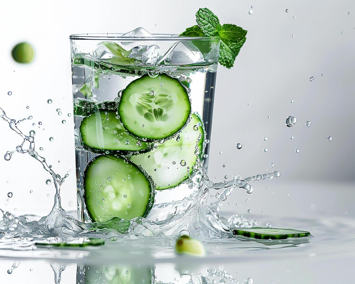 a glass of water with cucumber slices and mint leaves photo