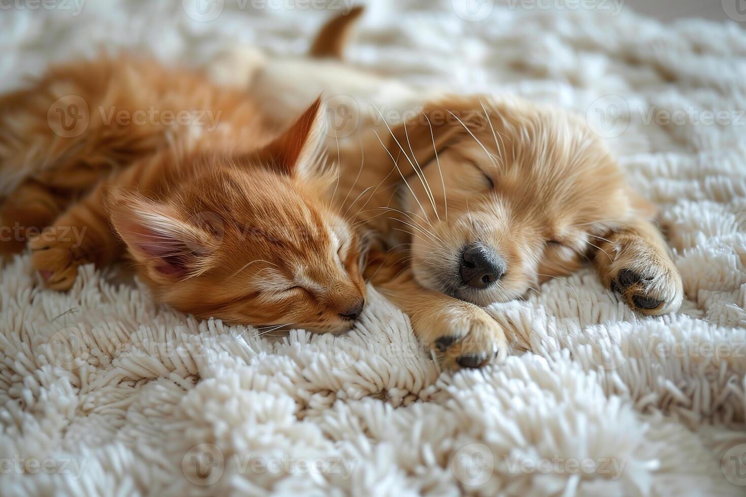 Kitten and puppy sleep together on a white carpet at home, a cute cat sleeping with a dog in bed. The love of pets concept photo