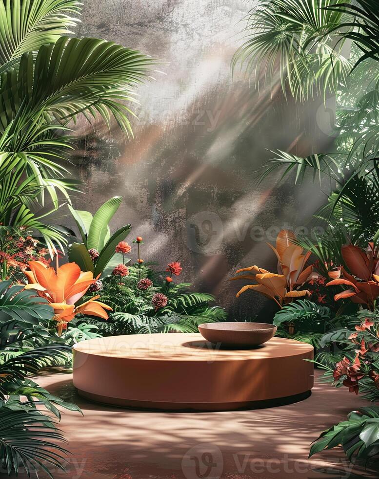 A golden podium in the center of an illustration with green jungle trees and ferns in the background photo