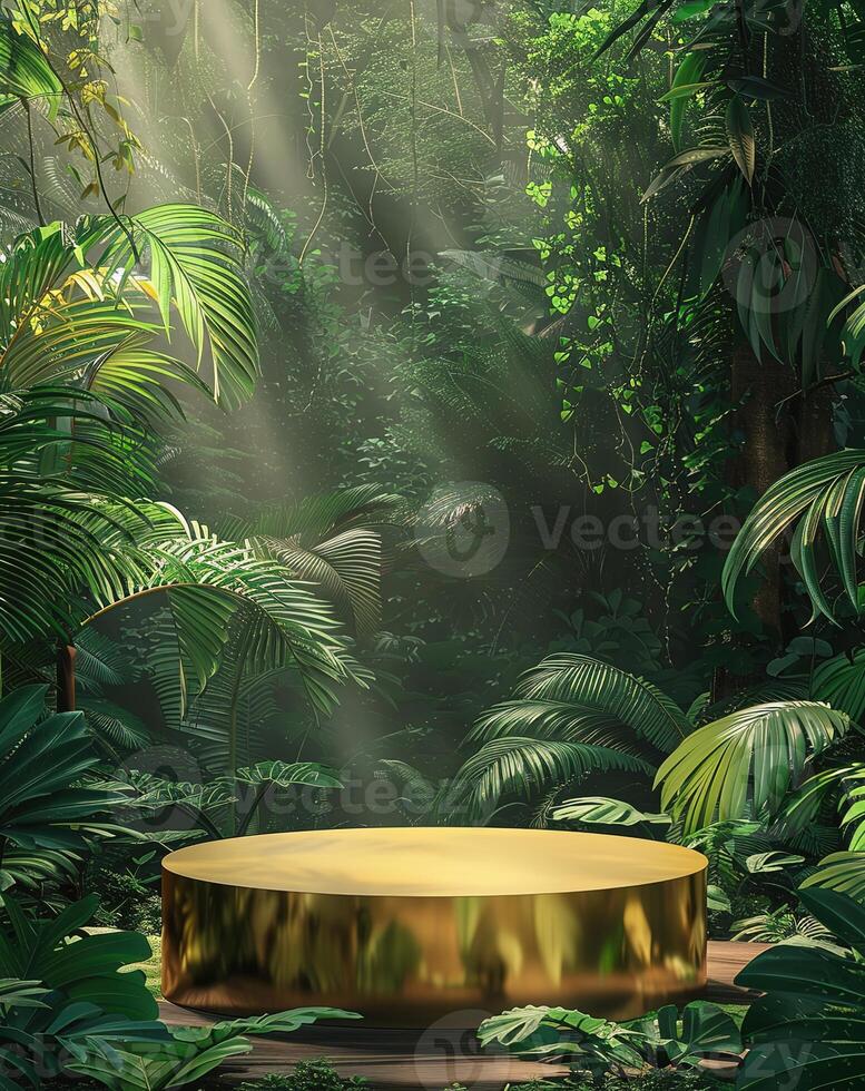 A golden podium in the center of an illustration with green jungle trees and ferns in the background photo