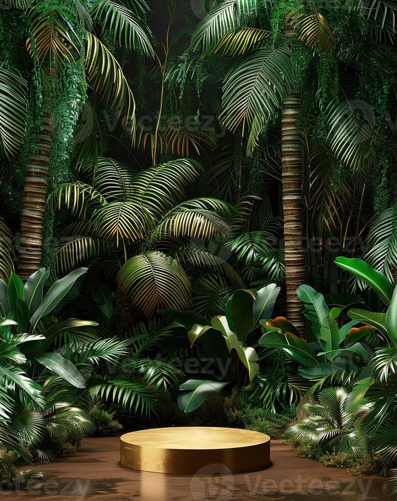A golden podium in the center of an illustration with green jungle trees and ferns in the background photo