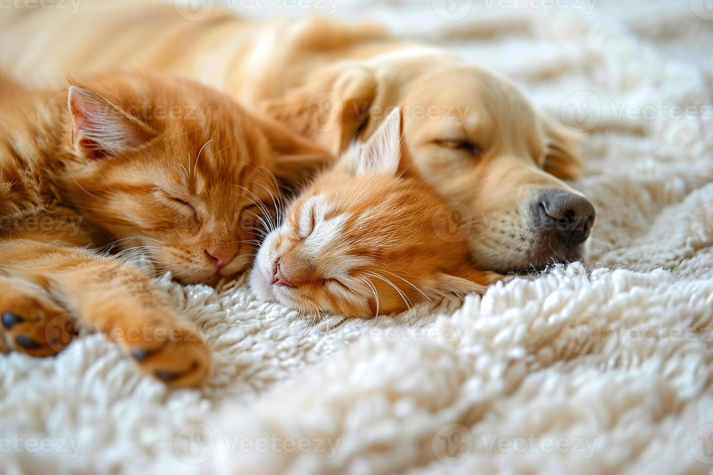 Kitten and puppy sleep together on a white carpet at home, a cute cat sleeping with a dog in bed. The love of pets concept photo