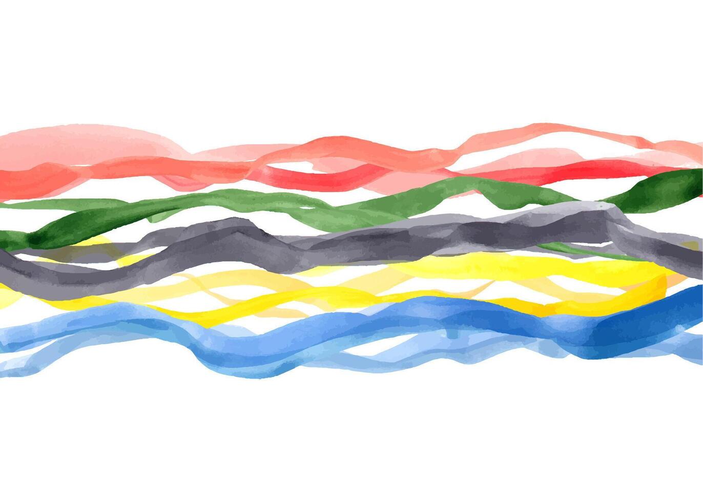 Abstract watercolor waves with vibrant tones and graceful strokes. Wavelike patterns in vibrant red, green, black, yellow, blue. Fluid lines. Illustration for creative design vector
