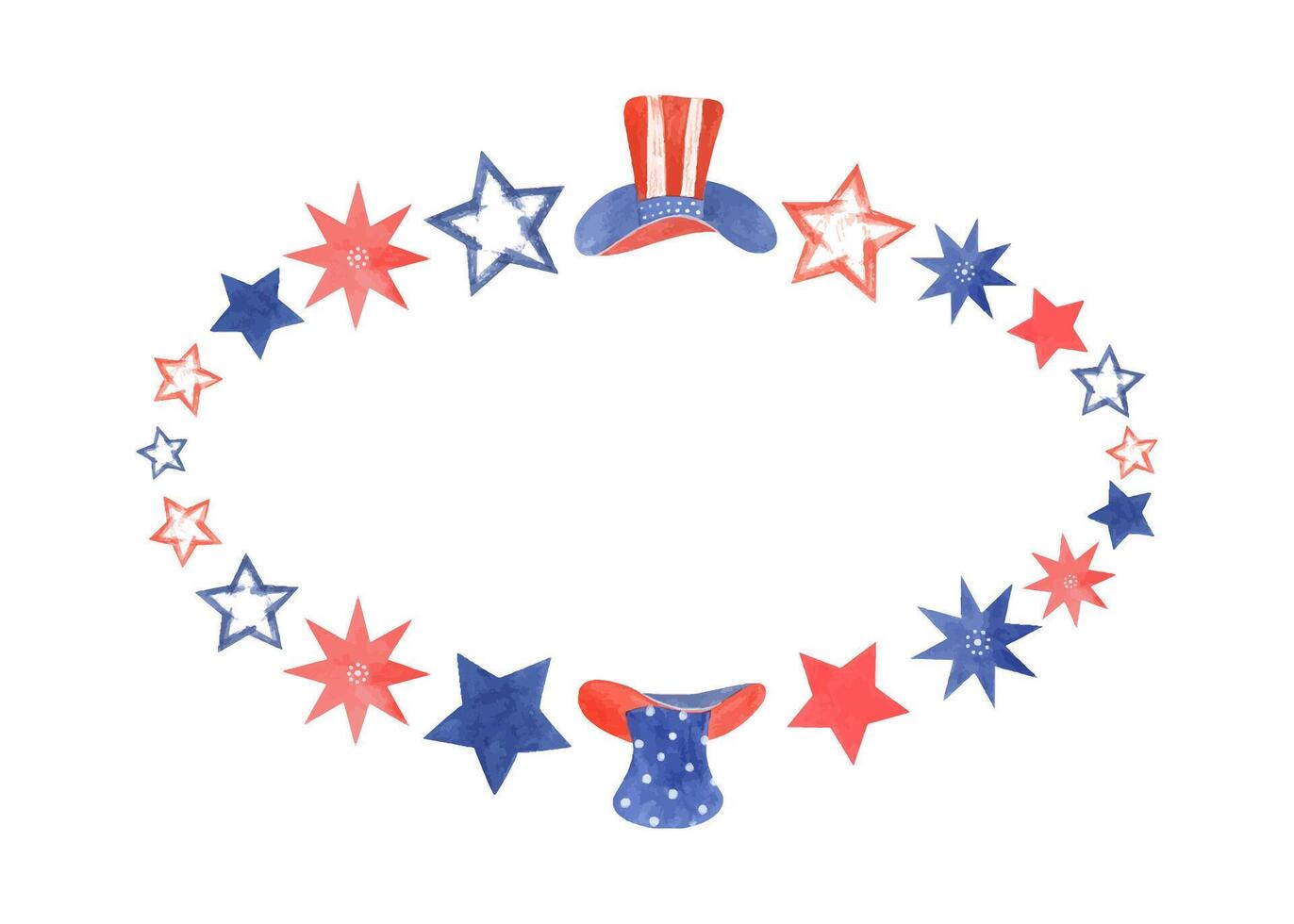 Uncle Sam hats and stars in red and blue colors. Striped and dot hat. Traditional national symbols. Holiday oval frame with empty space. 4th of July USA Independence Day. Watercolor illustration vector