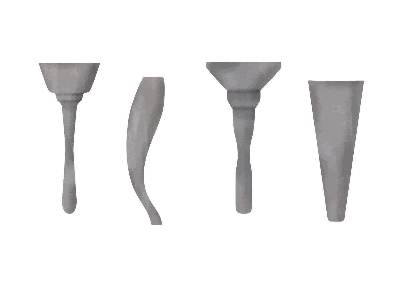 Silver torch. Set of various metallic torches or chalices. Ancient stone tools. Prehistoric primitive archaeological artifacts. Watercolor illustration vector