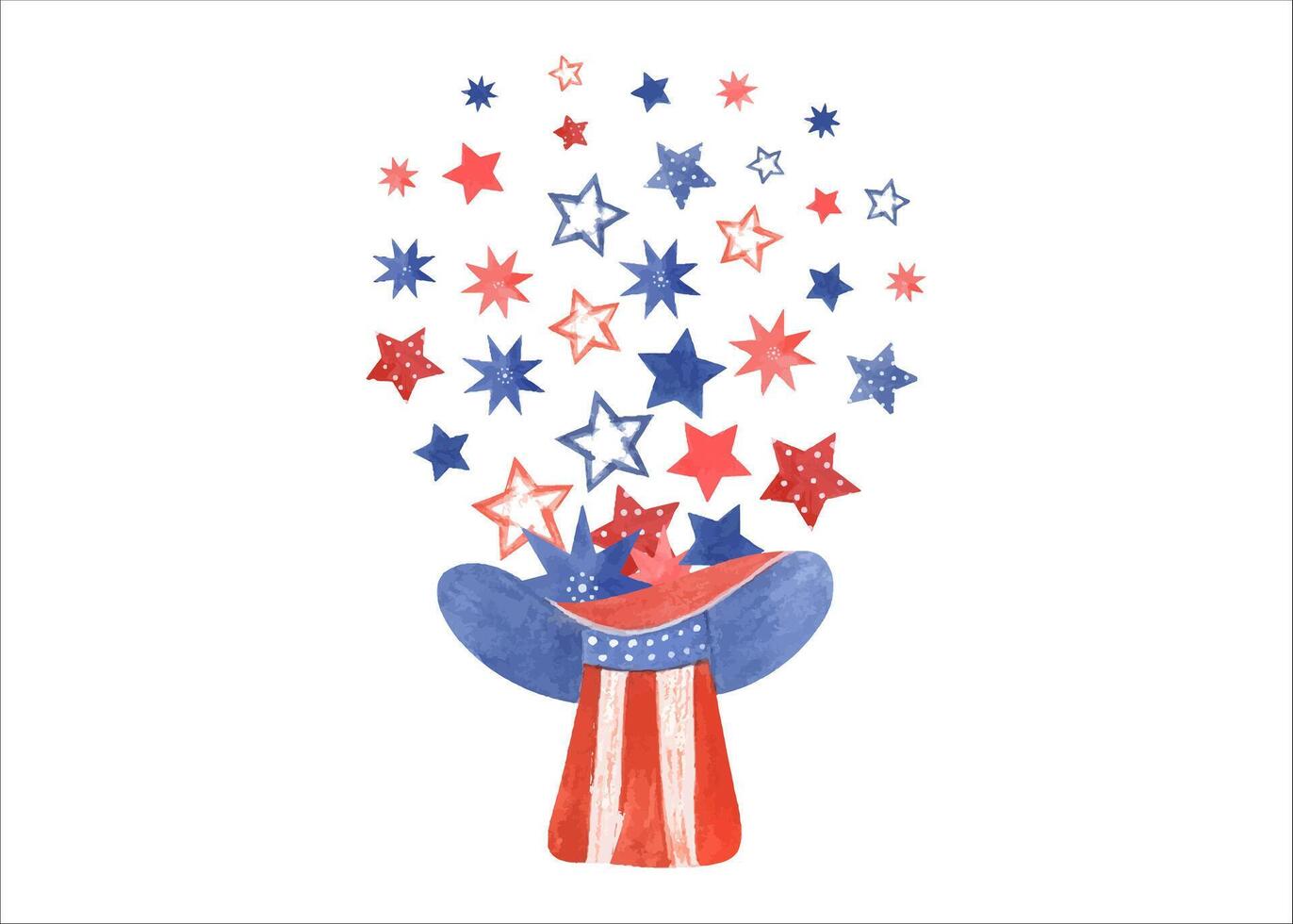 Stars of different shapes and colors flying out of hat. Striped red blue hat. Traditional national symbols. Holiday frame with empty space. 4th of July USA Independence Day. Watercolor illustration vector