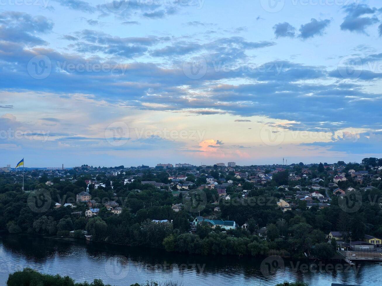 View of the sky with clouds over the city center in the evening light, Vinnitsa Ukraine photo