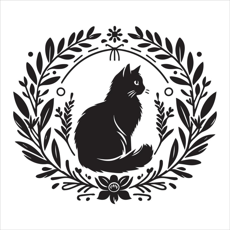 A collage of a cat a plant in an illustrated frame risograph silhouette print white background vector