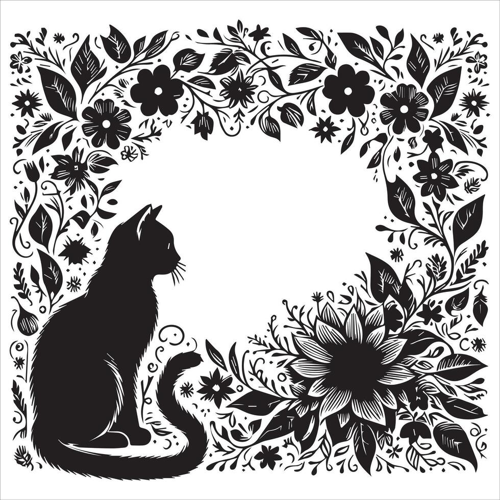 A collage of a cat a plant in an illustrated frame risograph silhouette print white background vector