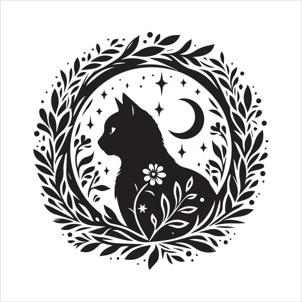 A collage of a cat a plant in an illustrated frame risograph silhouette print white background vector