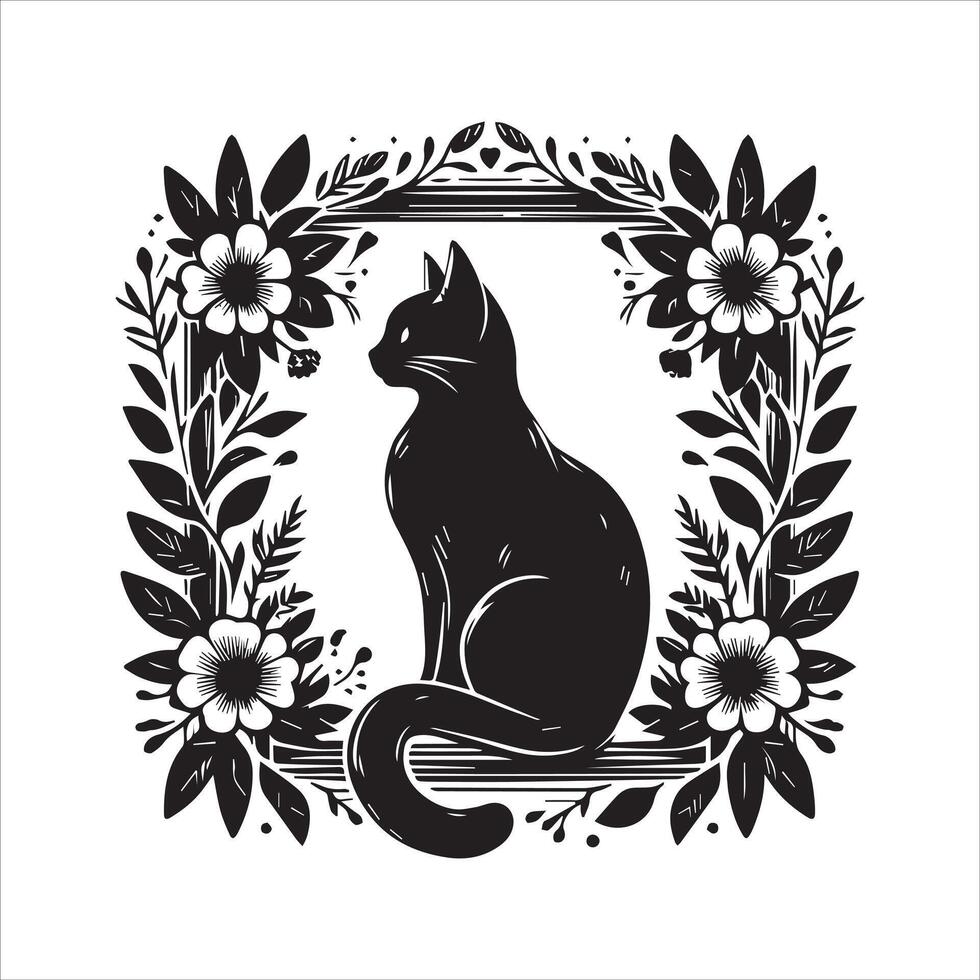 A collage of a cat a plant in an illustrated frame risograph silhouette print white background vector