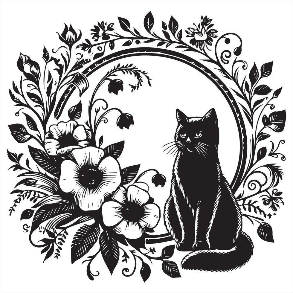 A collage of a cat a plant in an illustrated frame risograph silhouette print white background vector