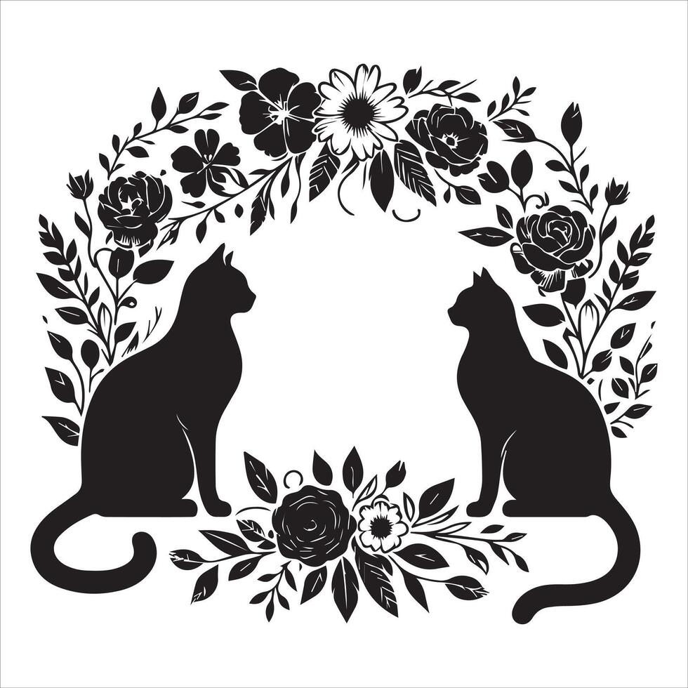 A collage of a cat a plant in an illustrated frame risograph silhouette print white background vector