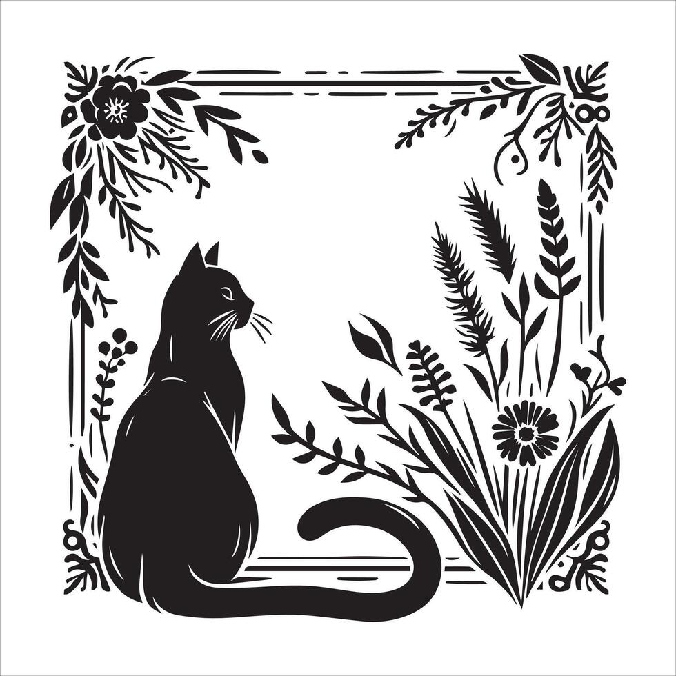 A collage of a cat a plant in an illustrated frame risograph silhouette print white background vector
