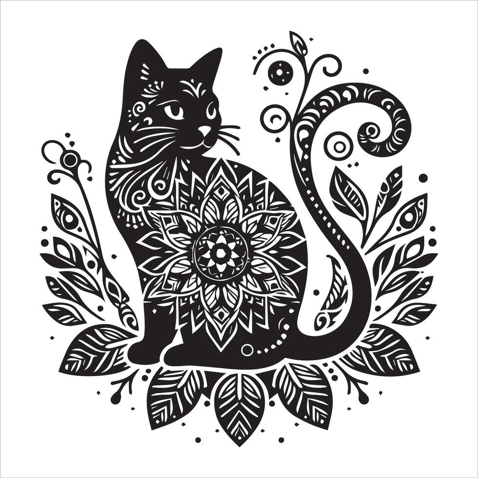 A collage of a cat a plant in an illustrated frame risograph silhouette print white background vector