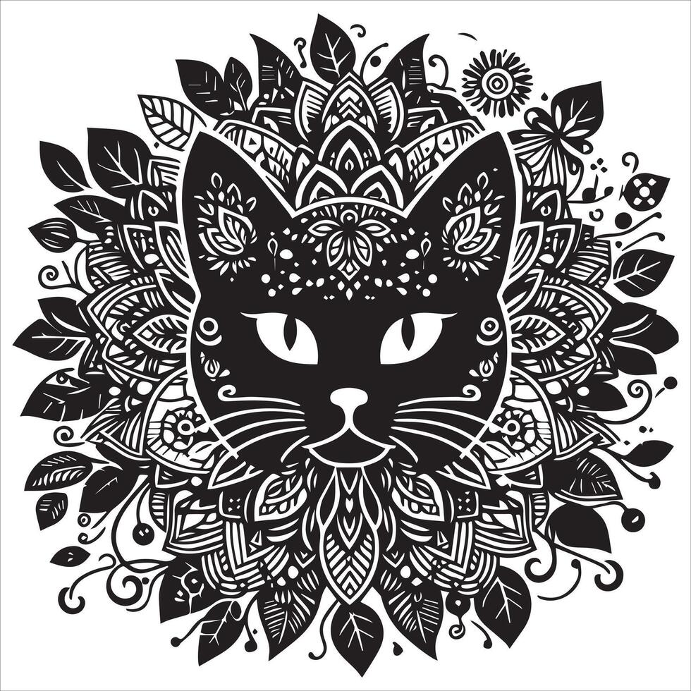 A collage of a cat a plant in an illustrated frame risograph silhouette print white background vector