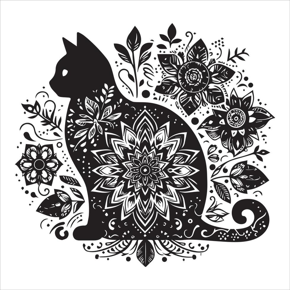 A collage of a cat a plant in an illustrated frame risograph silhouette print white background vector