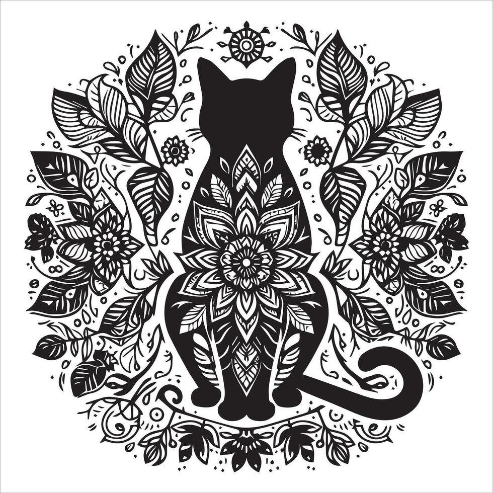 A collage of a cat a plant in an illustrated frame risograph silhouette print white background vector