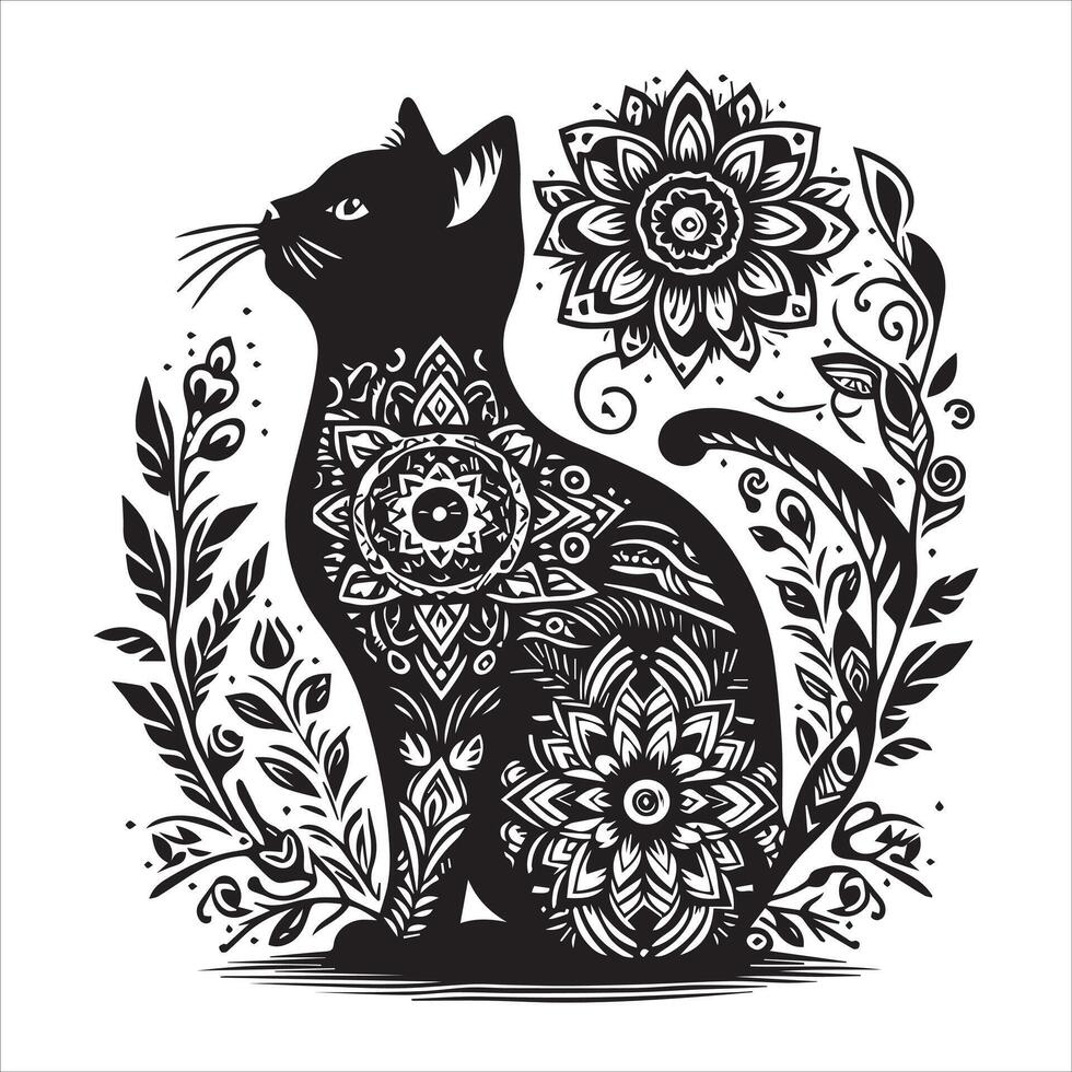 A collage of a cat a plant in an illustrated frame risograph silhouette print white background vector