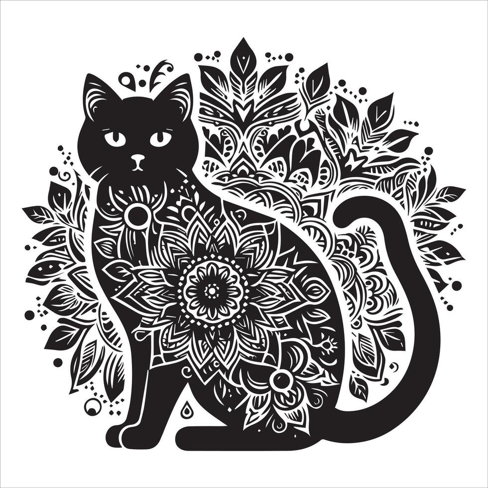 A collage of a cat a plant in an illustrated frame risograph silhouette print white background vector
