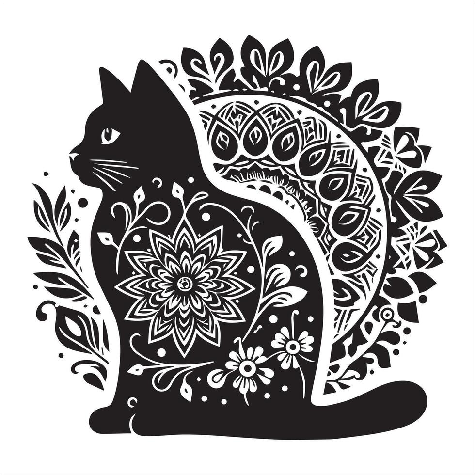 A collage of a cat a plant in an illustrated frame risograph silhouette print white background vector