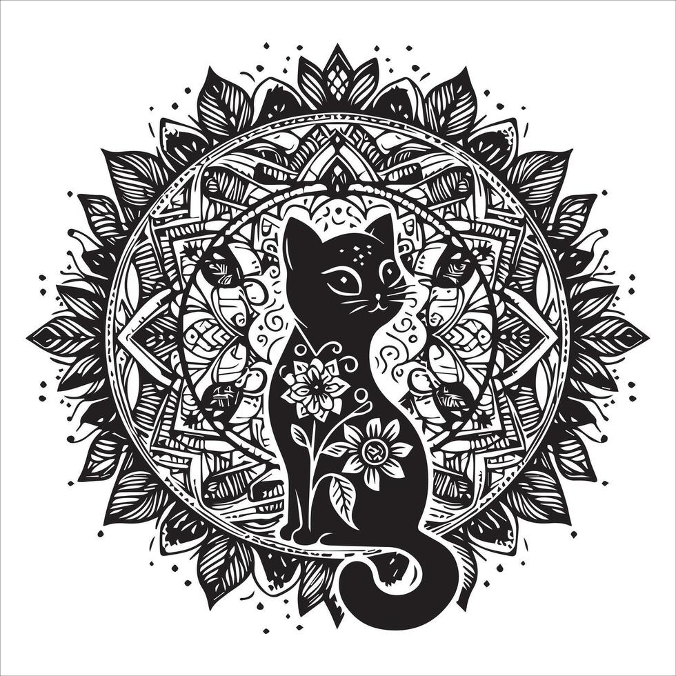 A collage of a cat a plant in an illustrated frame risograph silhouette print white background vector
