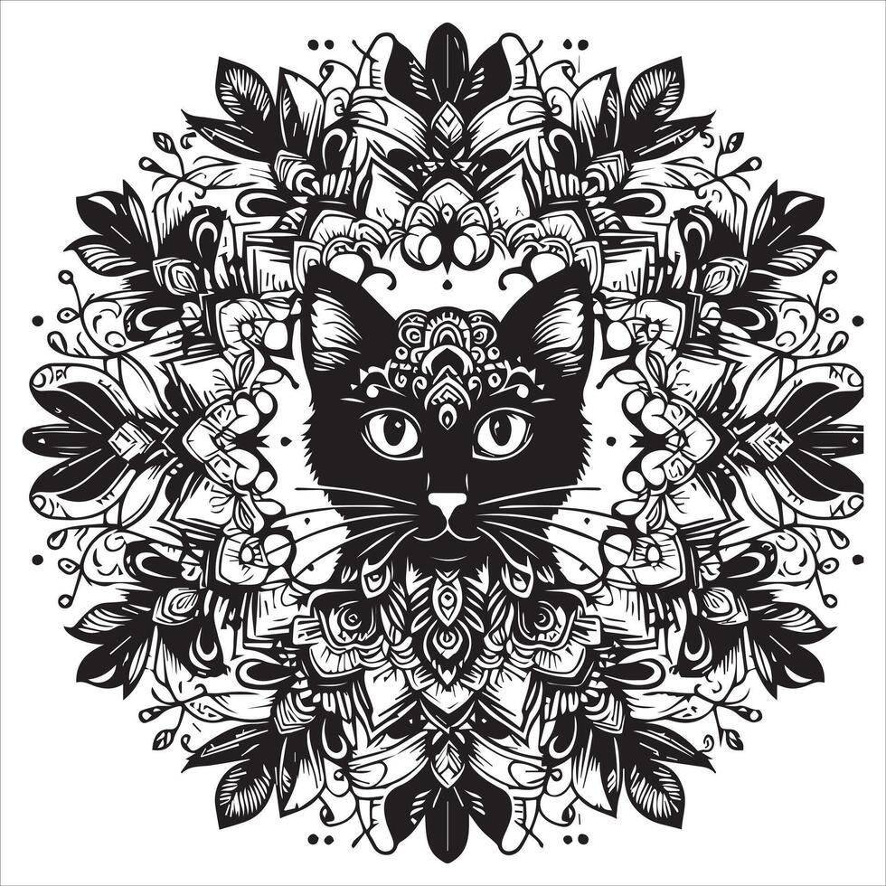 A collage of a cat a plant in an illustrated frame risograph silhouette print white background vector