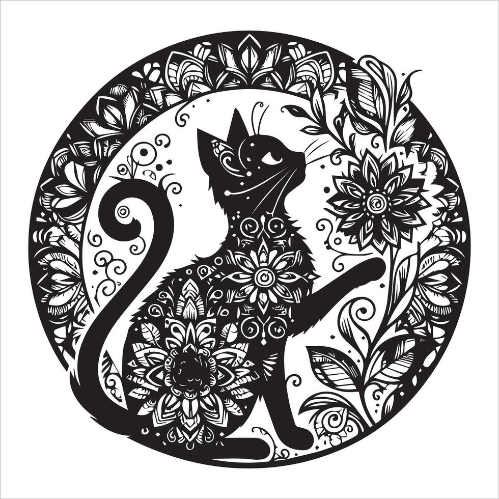 A collage of a cat a plant in an illustrated frame risograph silhouette print white background vector