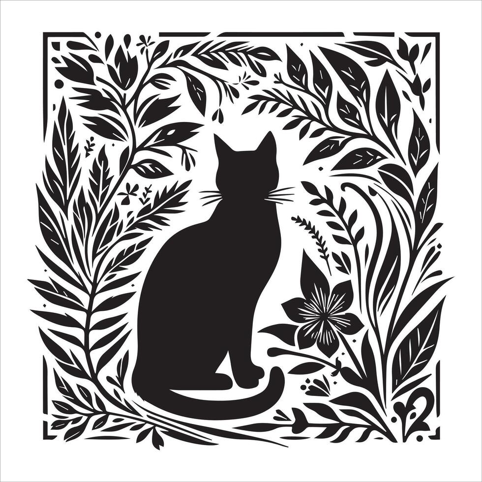 Print A collage of a cat a plant in an illustrated frame risograph silhouette white background vector
