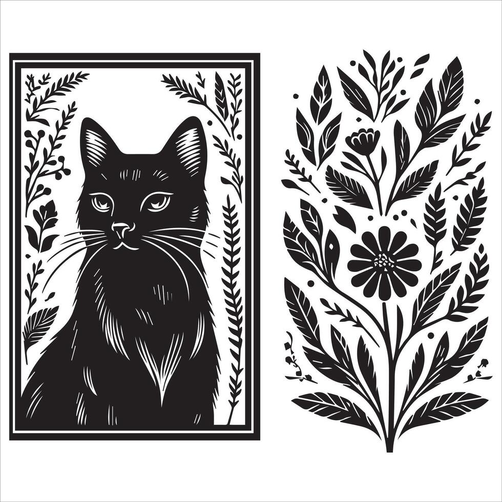 Print A collage of a cat a plant in an illustrated frame risograph silhouette white background vector
