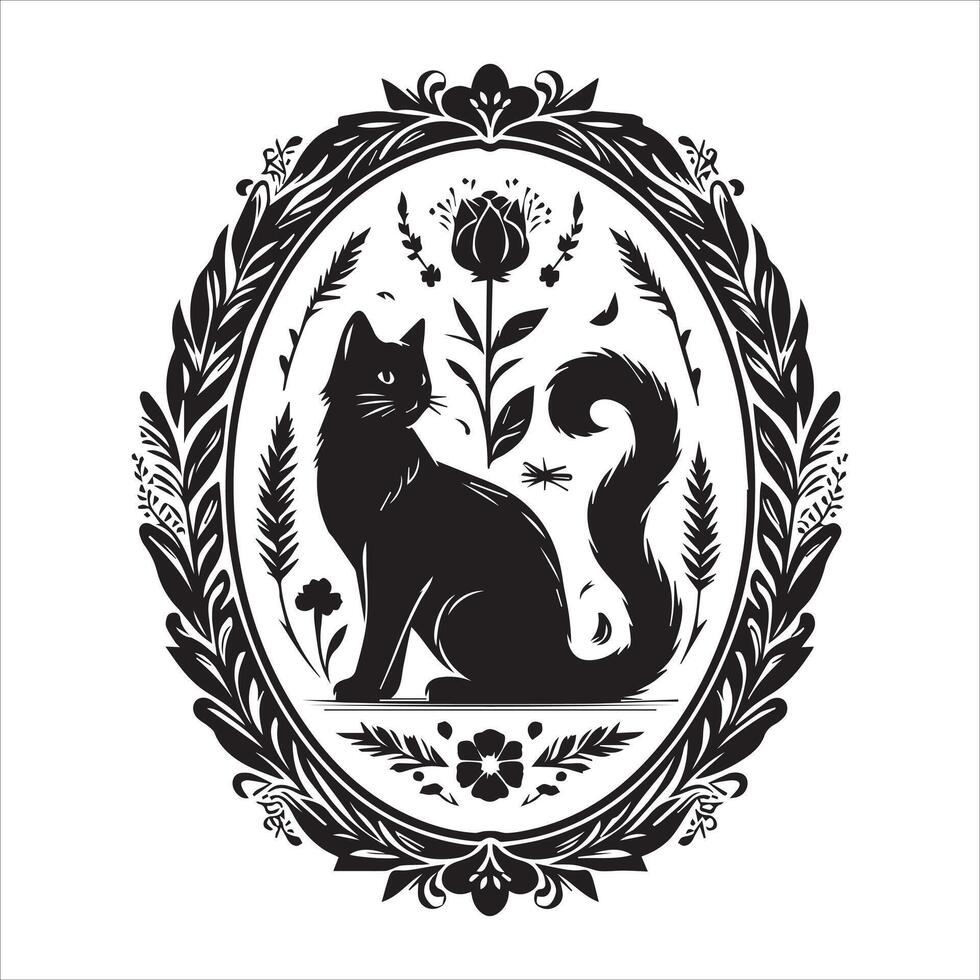 Print A collage of a cat a plant in an illustrated frame risograph silhouette white background vector
