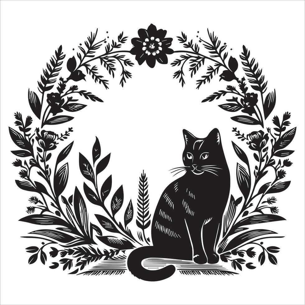 Print A collage of a cat a plant in an illustrated frame risograph silhouette white background vector