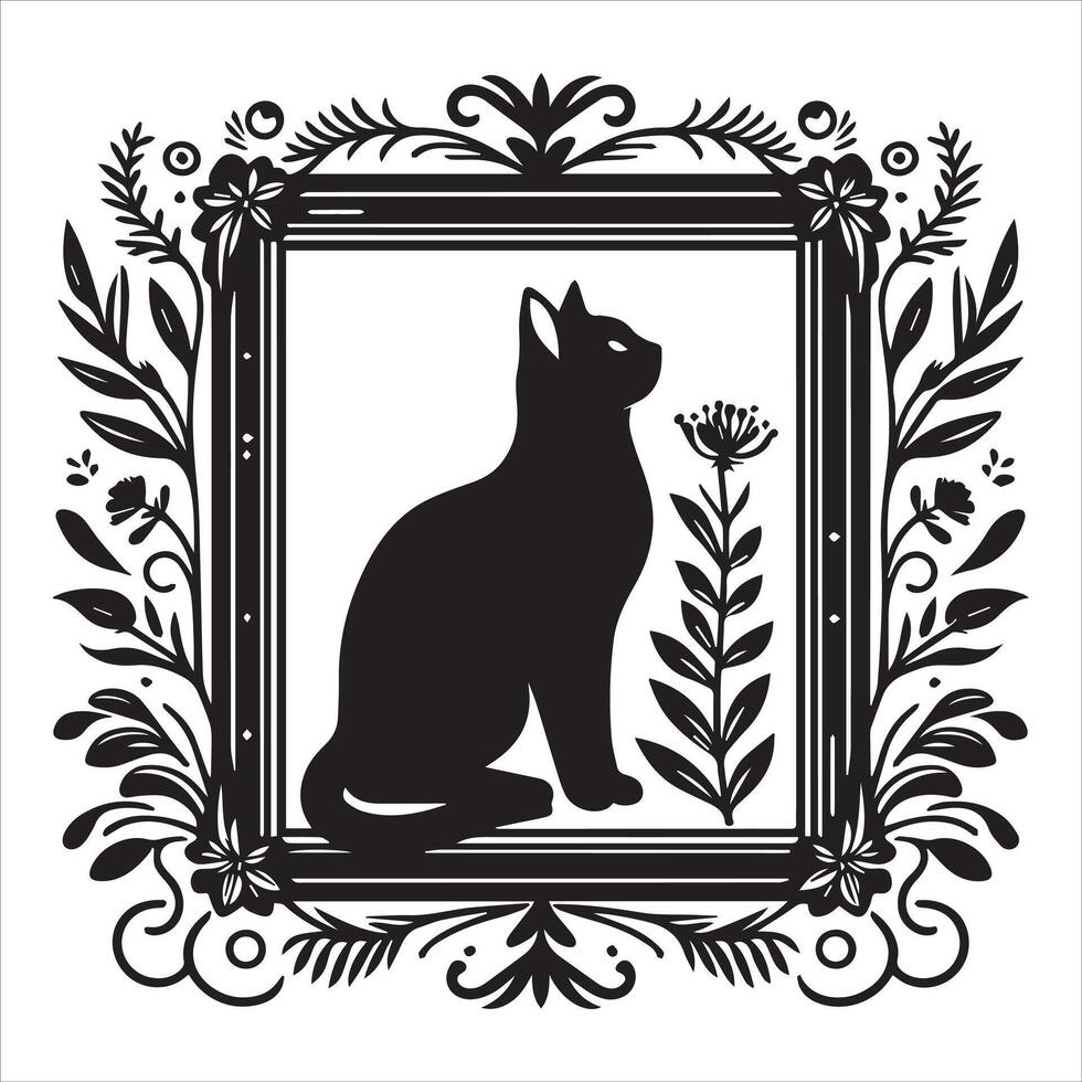 Print A collage of a cat a plant in an illustrated frame risograph silhouette white background vector