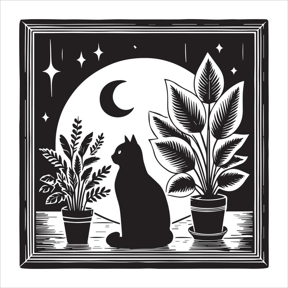 Print A collage of a cat a plant in an illustrated frame risograph silhouette white background vector