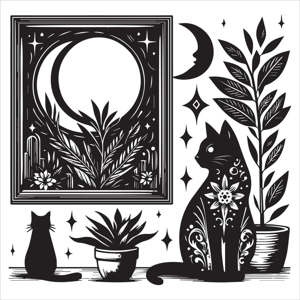 Print A collage of a cat a plant in an illustrated frame risograph silhouette white background vector