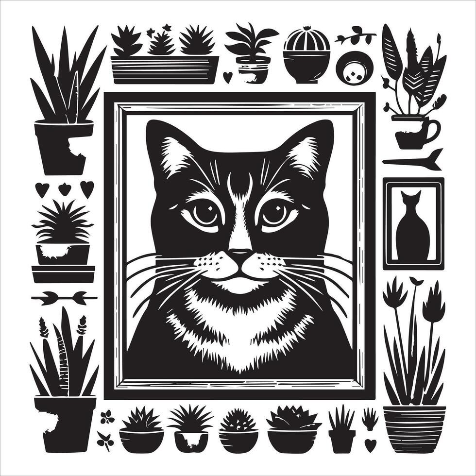 Print A collage of a cat a plant in an illustrated frame risograph silhouette white background vector