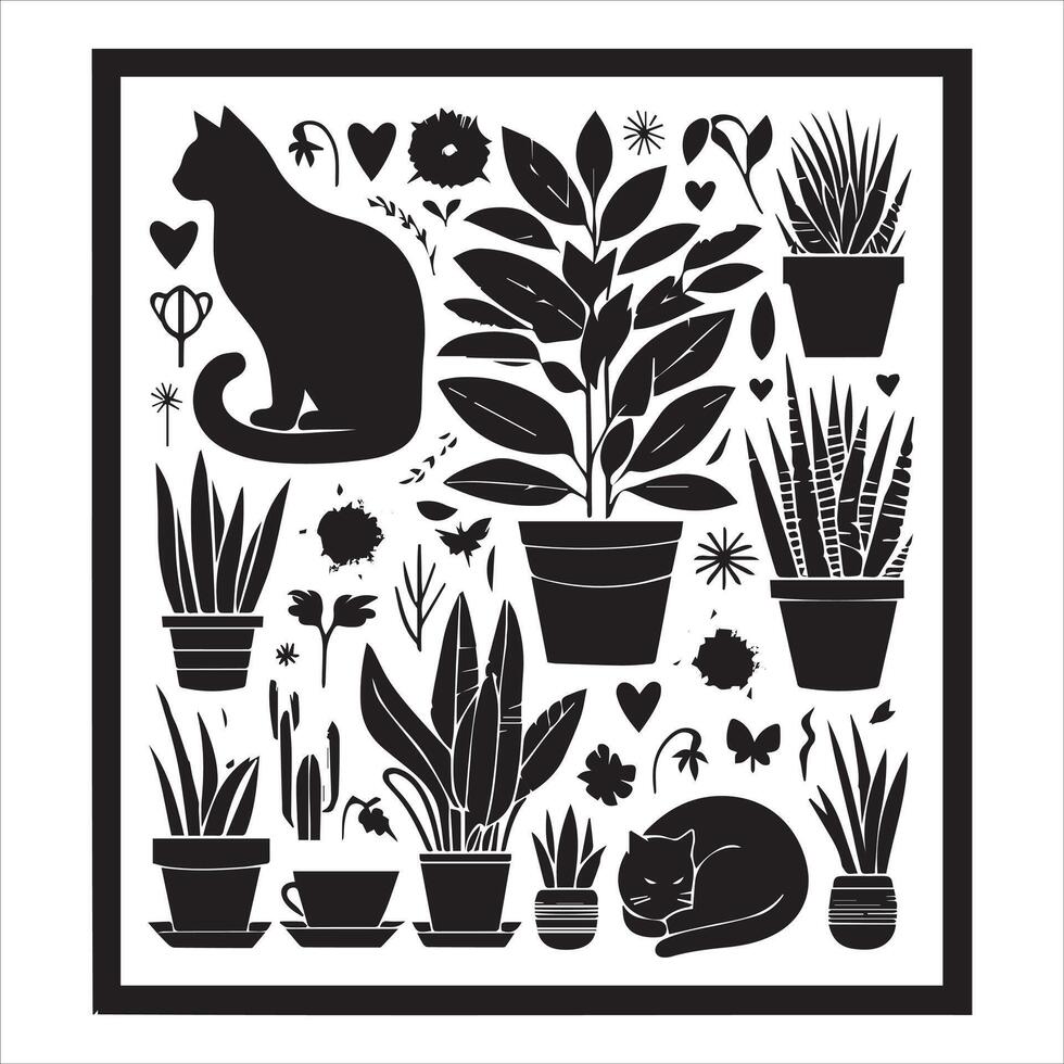 Print A collage of a cat a plant in an illustrated frame risograph silhouette white background vector