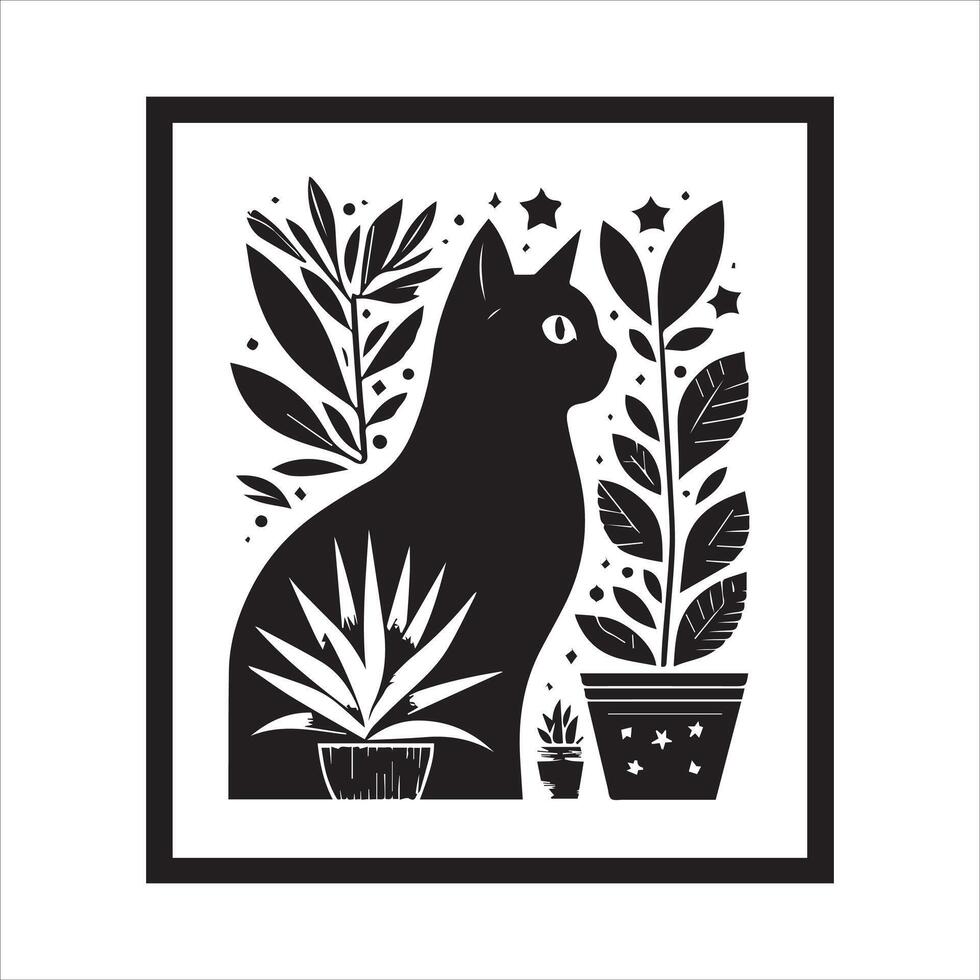 Print A collage of a cat a plant in an illustrated frame risograph silhouette white background vector
