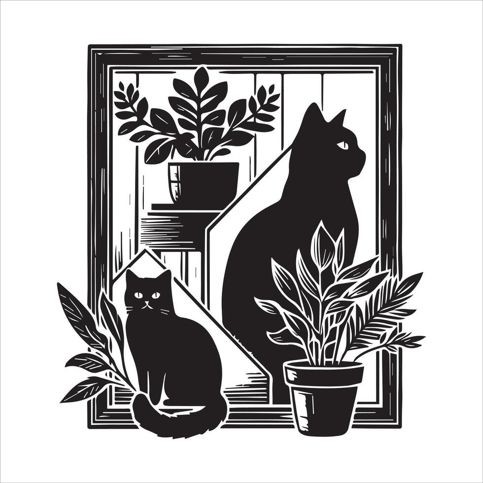 Print A collage of a cat a plant in an illustrated frame risograph silhouette white background vector