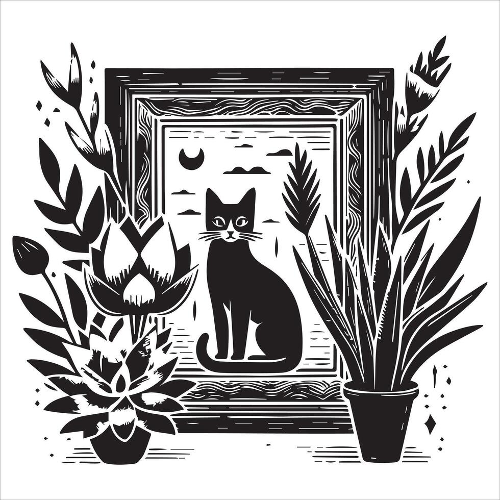 Print A collage of a cat a plant in an illustrated frame risograph silhouette white background vector
