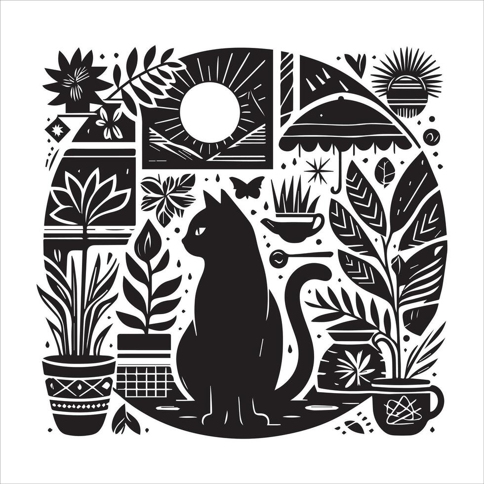 Print A collage of a cat a plant in an illustrated frame risograph silhouette white background vector