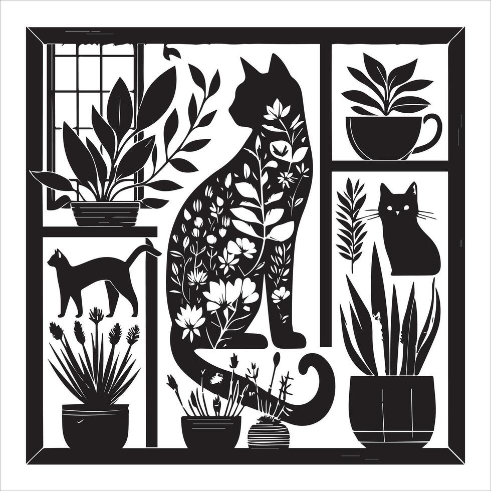 Print A collage of a cat a plant in an illustrated frame risograph silhouette white background vector