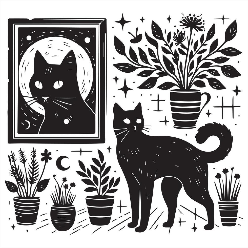 Print A collage of a cat a plant in an illustrated frame risograph silhouette white background vector