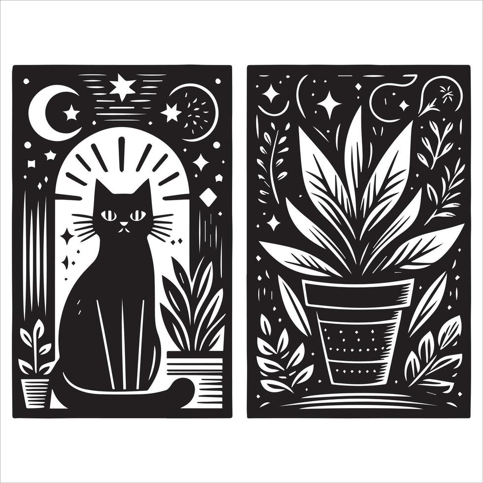 Print A collage of a cat a plant in an illustrated frame risograph silhouette white background vector