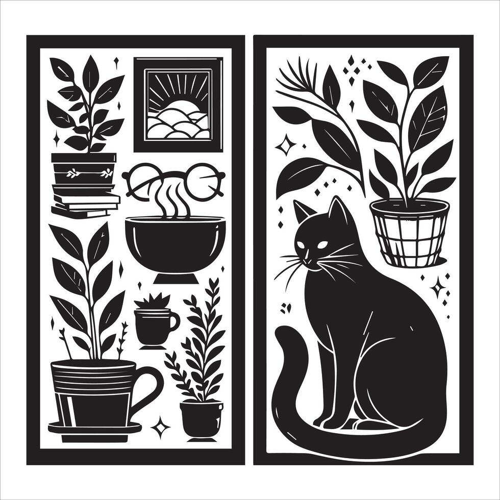 Print A collage of a cat a plant in an illustrated frame risograph silhouette white background vector