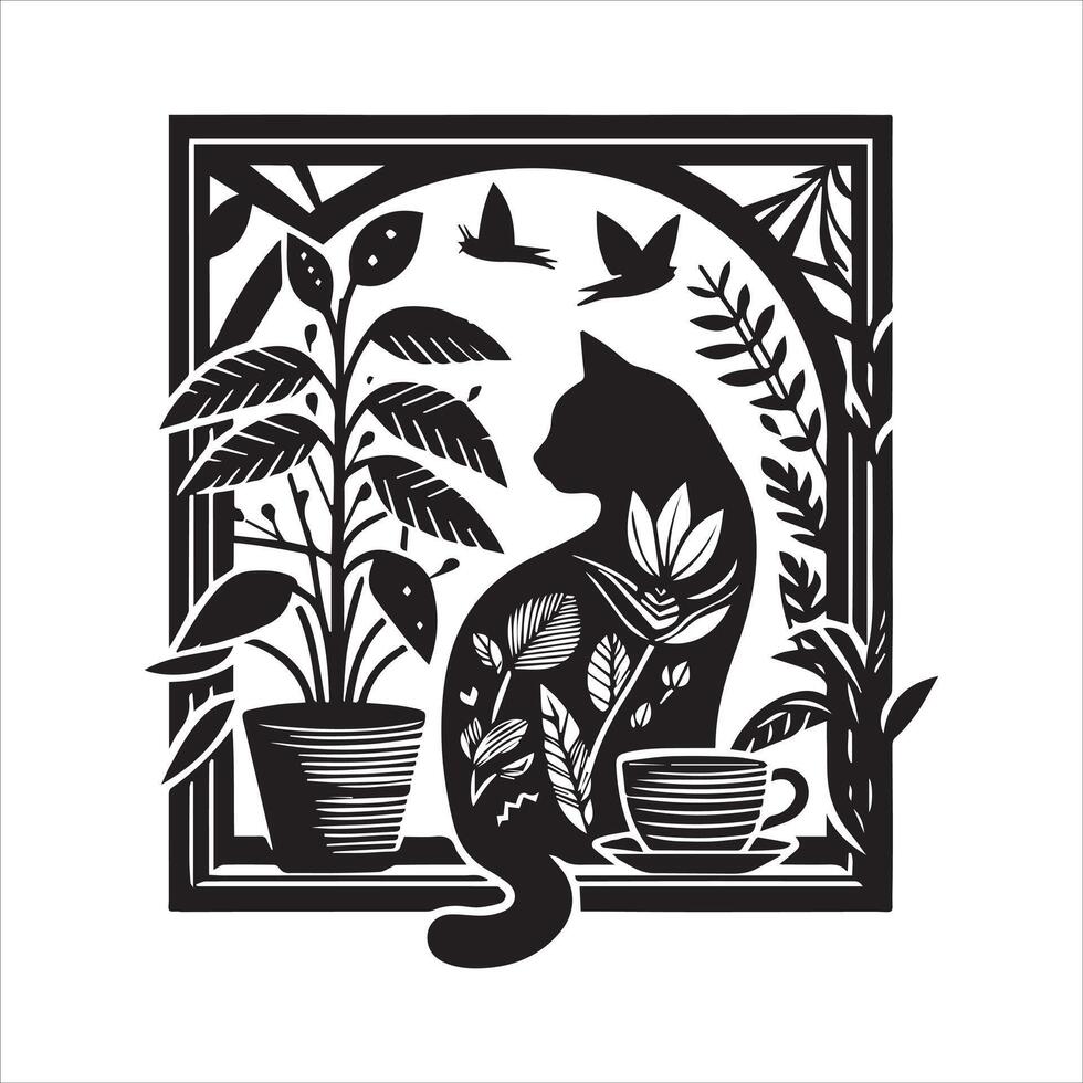 Print A collage of a cat a plant in an illustrated frame risograph silhouette white background vector