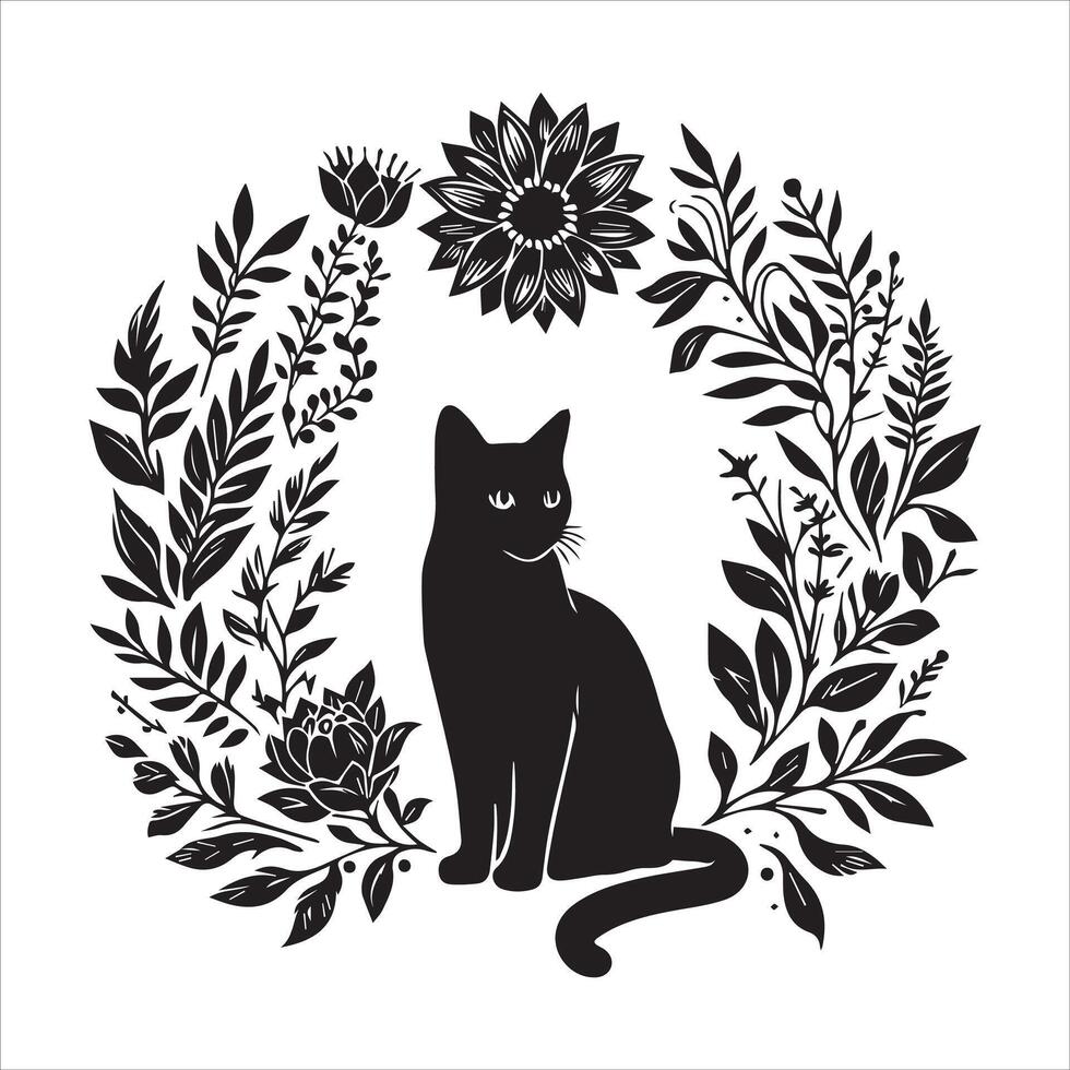 Print A collage of a cat a plant in an illustrated frame risograph silhouette white background vector