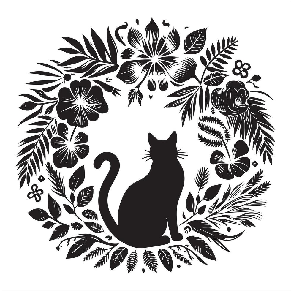 Print A collage of a cat a plant in an illustrated frame risograph silhouette white background vector