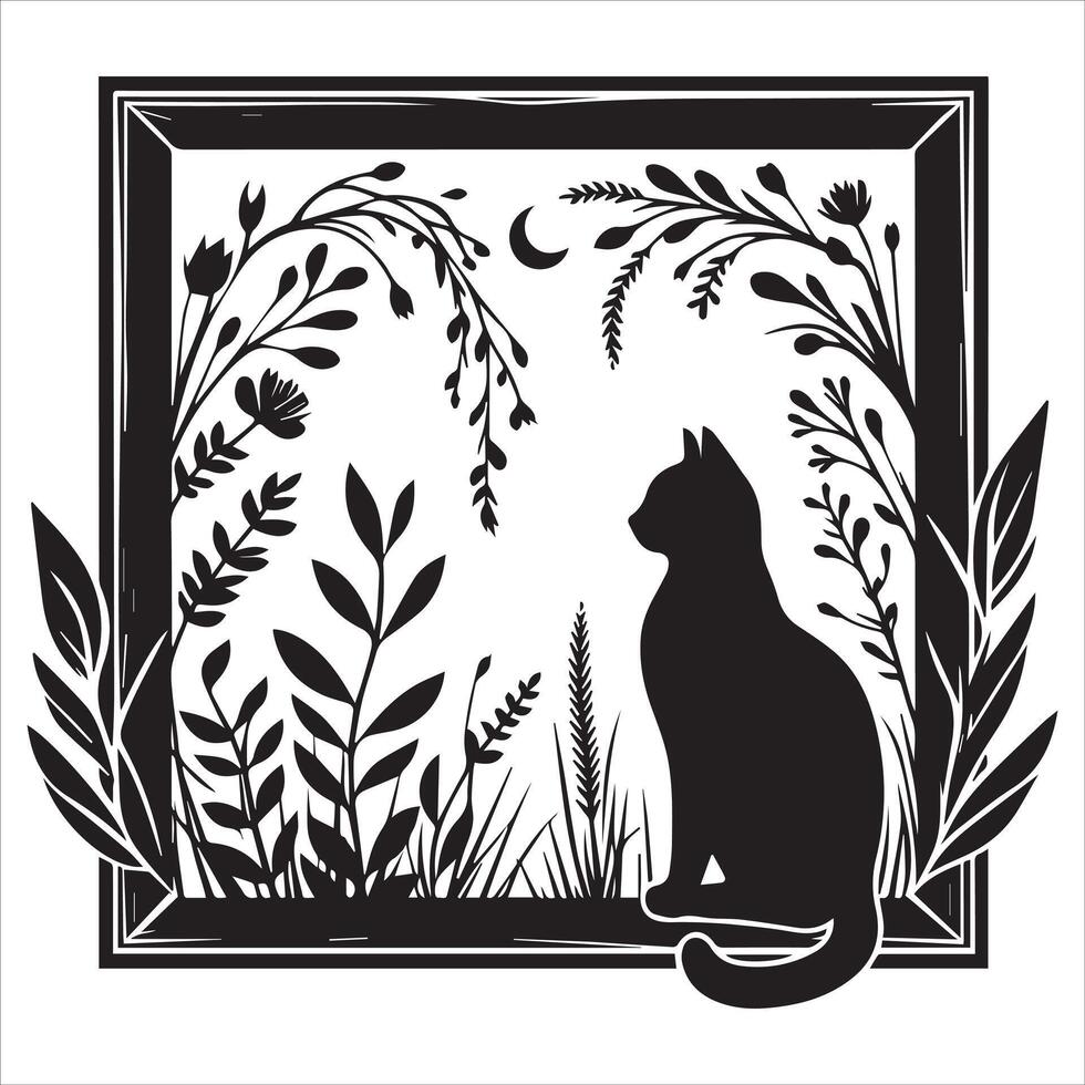 Print A collage of a cat a plant in an illustrated frame risograph silhouette white background vector