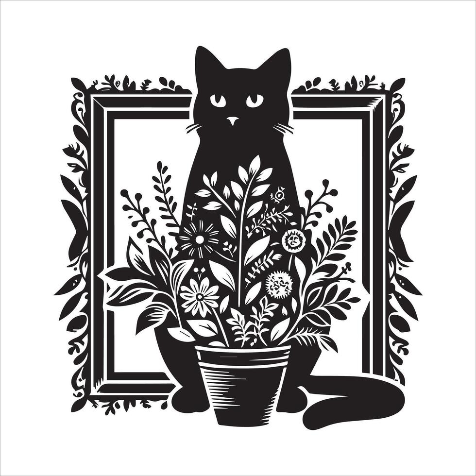 Print A collage of a cat a plant in an illustrated frame risograph silhouette white background vector
